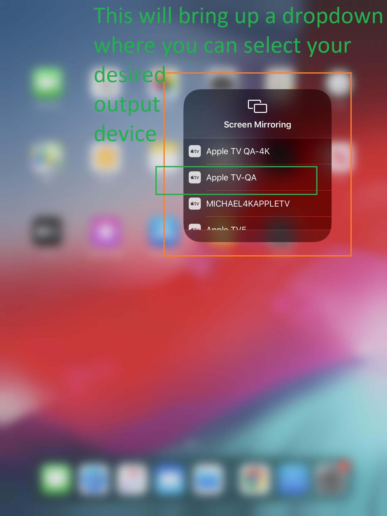 Screen mirroring submenu. Possible output devices in list as white text on translucent black. 