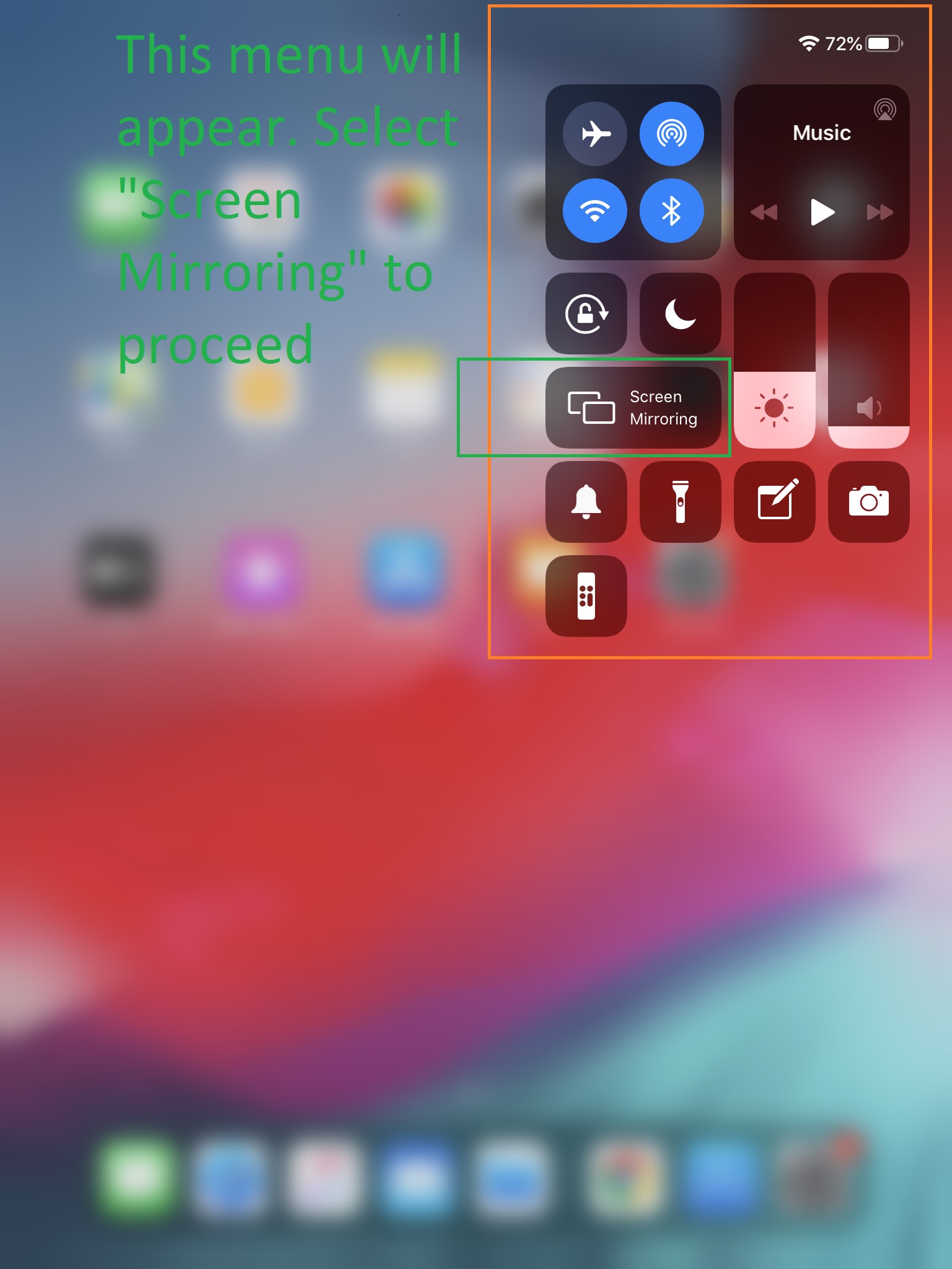 Pop up menu showing screen mirroring option; black button with two overlapping rectangles, midway down left above bell icon.