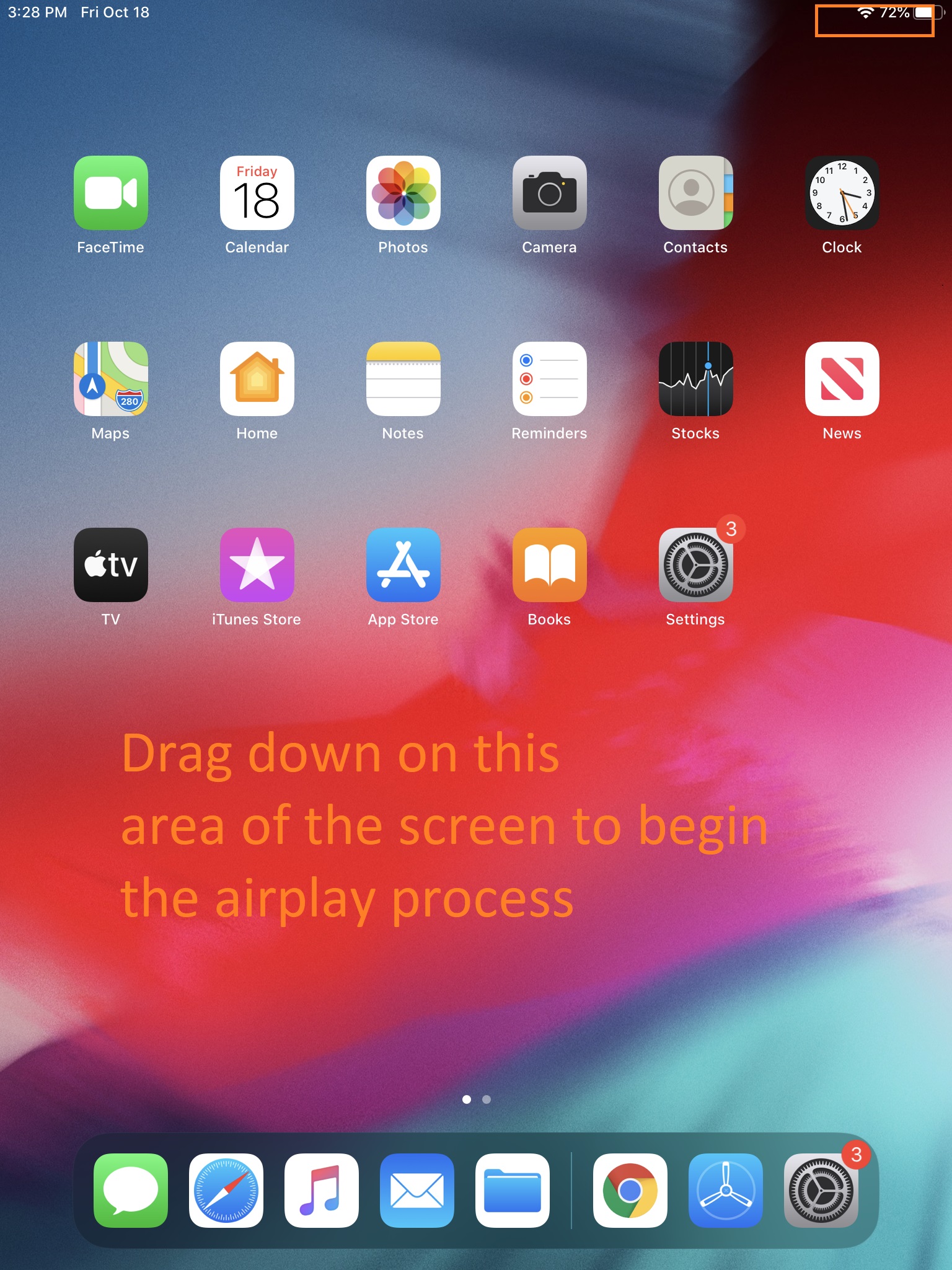 Ipad main screen. Upper right has a series of curved lines to show wi-fi. Text says to tap and drag down in this area.