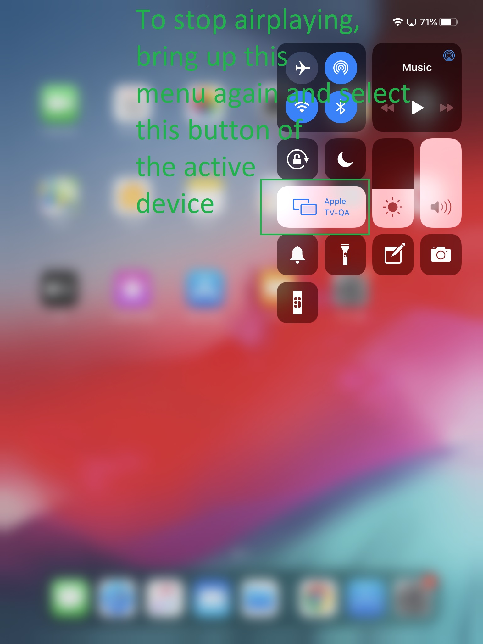 Pull down menu below wifi icon: screen mirroring on,  shown in white with blue text for device in use. Select this button.