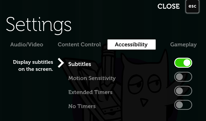 Settings menu in Drawful Animate. Subtitles is 1st under Accessibility, toggled on in green.