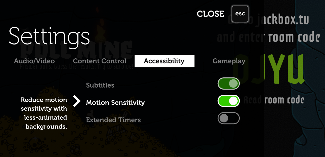 Settings menu of The Poll Mine, Accessibiity selected. Motion Sensitivity is 2nd option, toggled on in green.