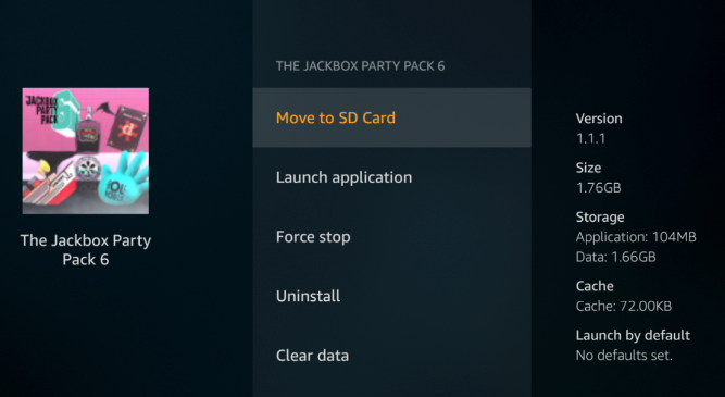 Menu for game you wish to move; example is The Jackbox Party Pack 6. First option, 