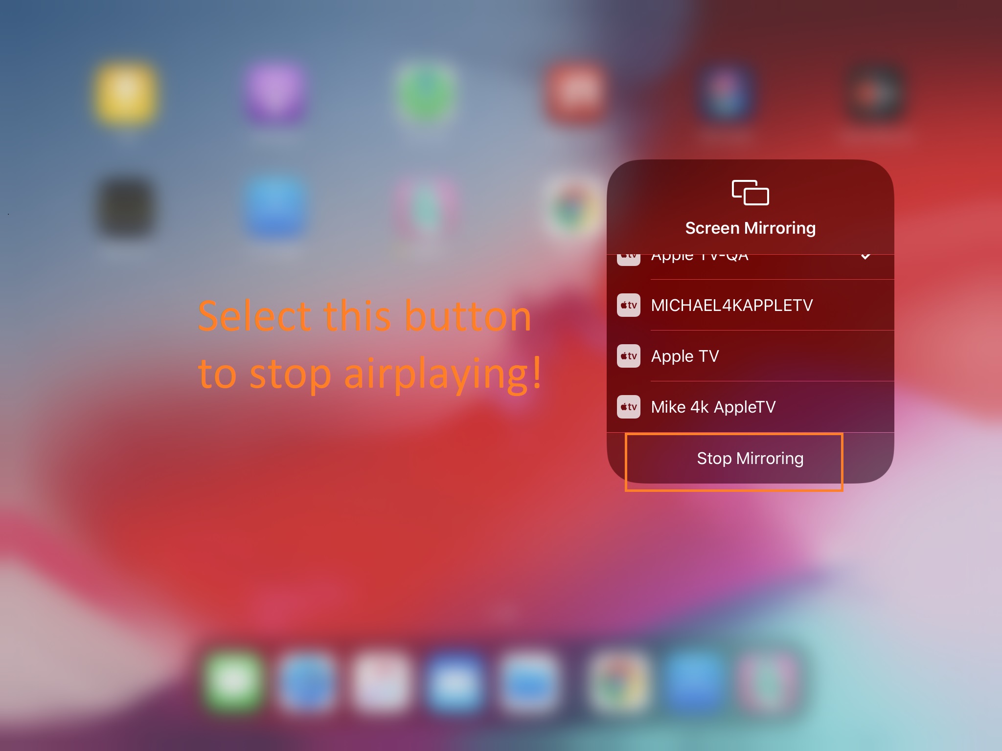 Screen mirroring submenu, list of devices with 