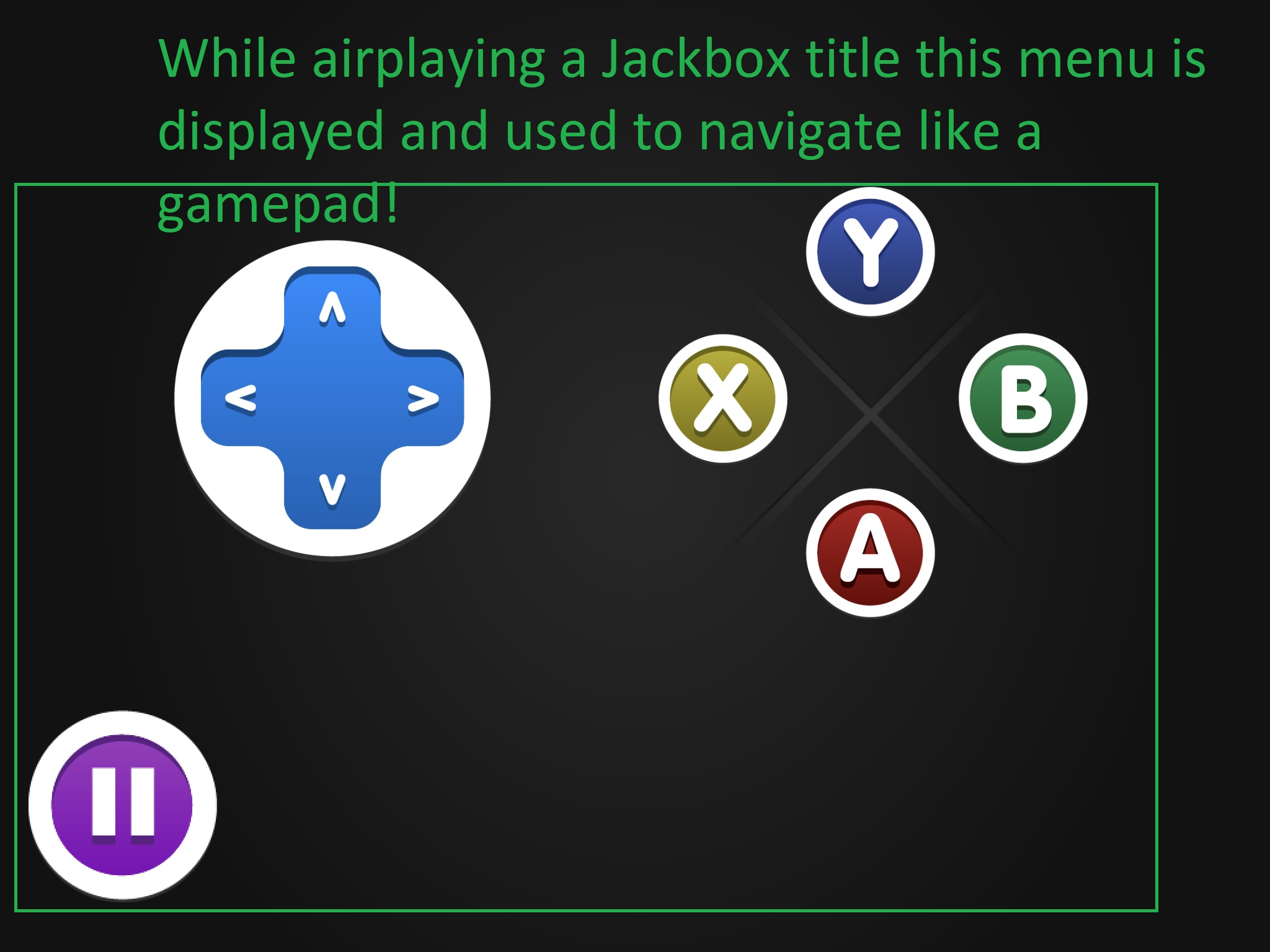 Gamepad controller onscreen, with a blue d-pad on the left, X (yellow), Y (blue), B (green), and A (red) on right.