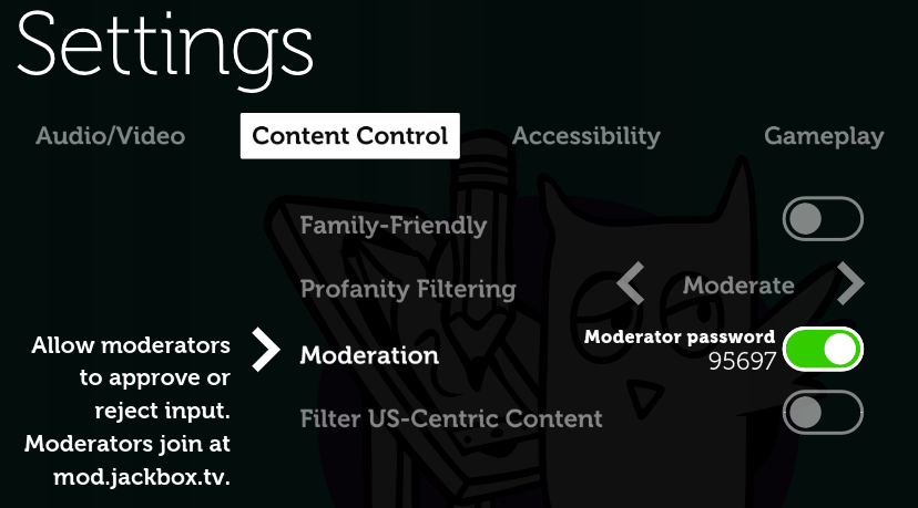 Settings menu, Content Control (2nd item) highlighted white. Text below shows 3rd option, Moderation, highlighted with a numerical password and a green toggle in right 