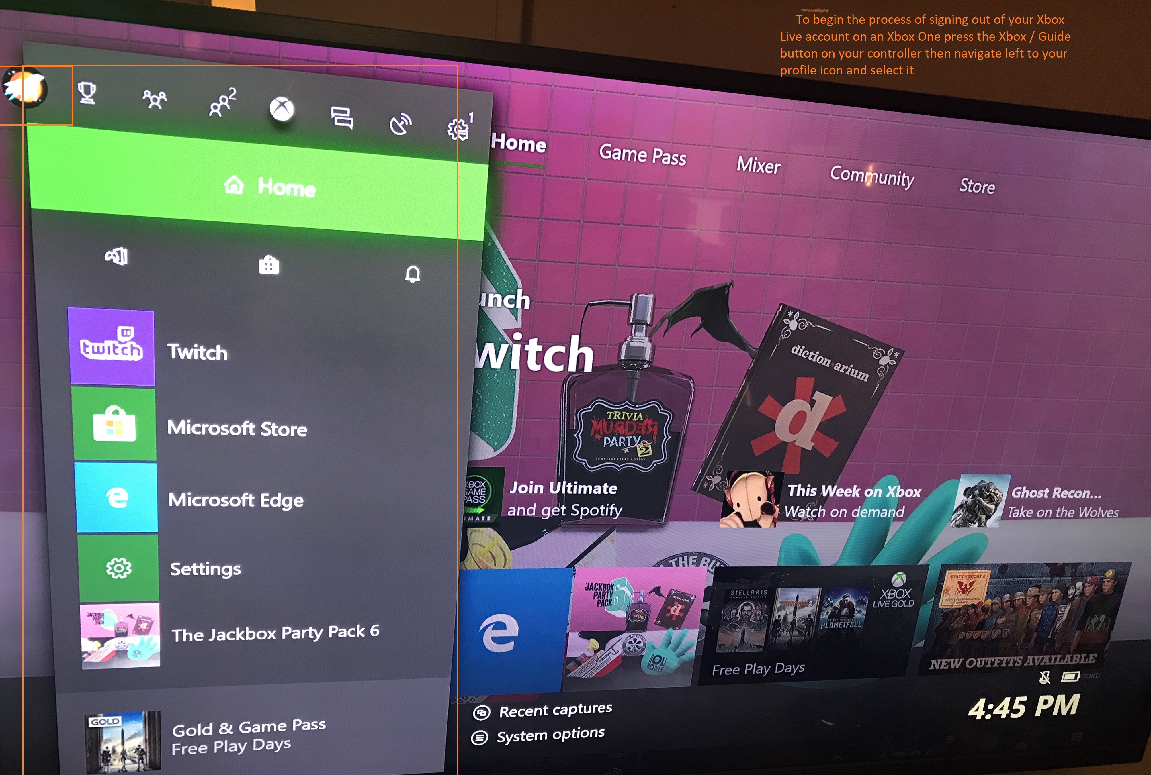 Xbox home menu. Text: press the Xbox/Guide button on controller for pop up menu, then select your avatar on top far left.
