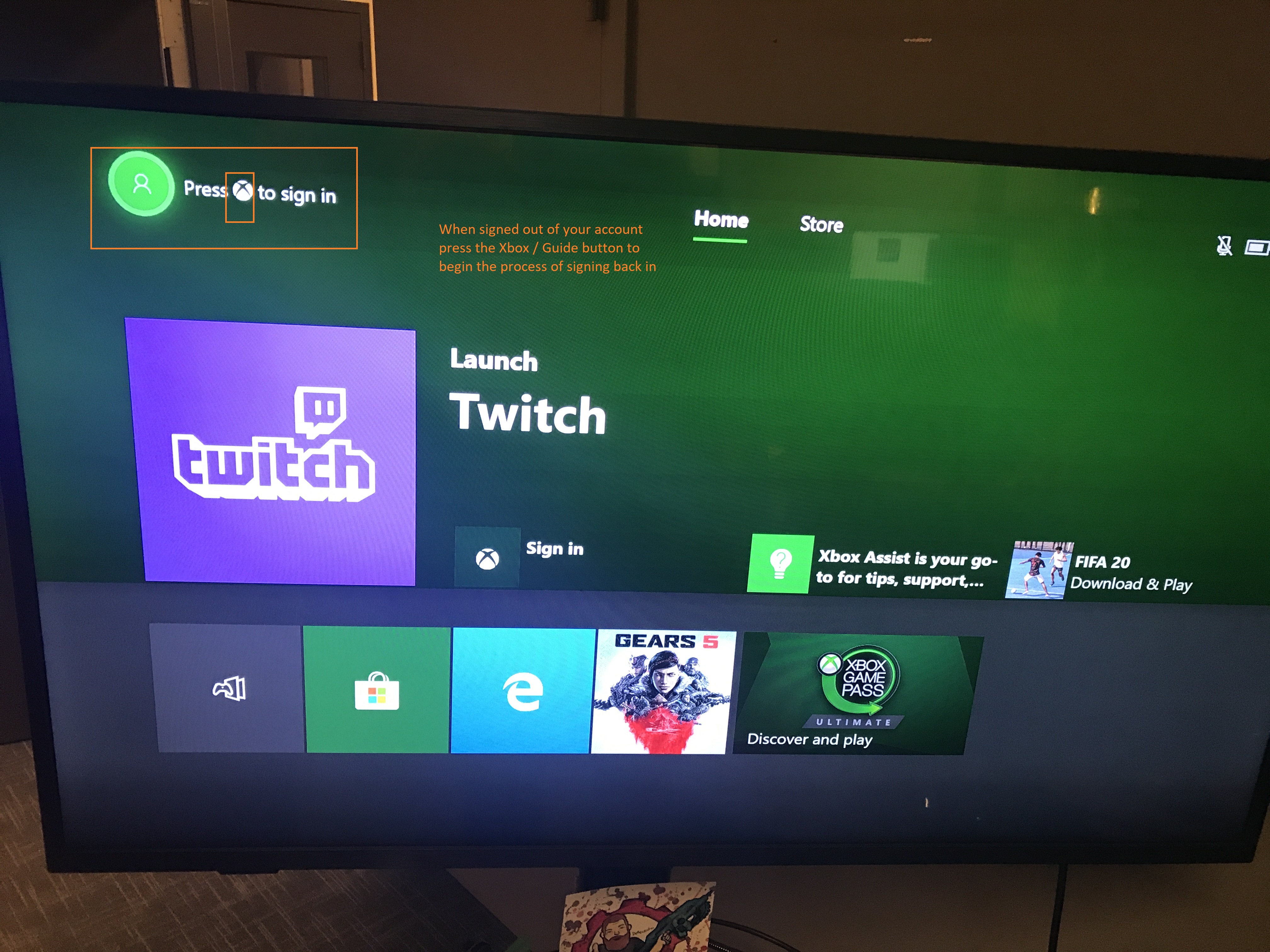 Xbox main screen showing avatar at top far left as green. Text: press Xbox/Guide button on controller again to sign back in.