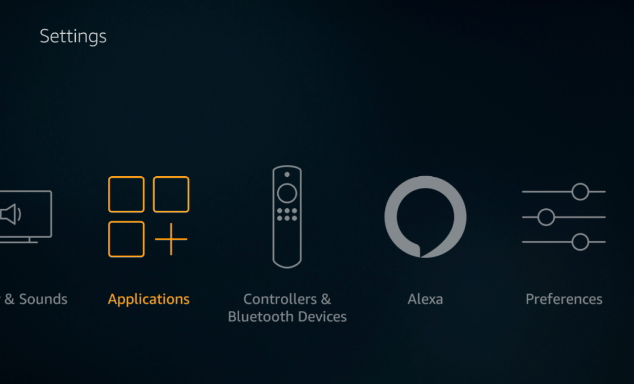 Black screen with Applications (3 boxes and a plus sign) selected in yellow, to the left of Controllers & Bluetooth Devices.