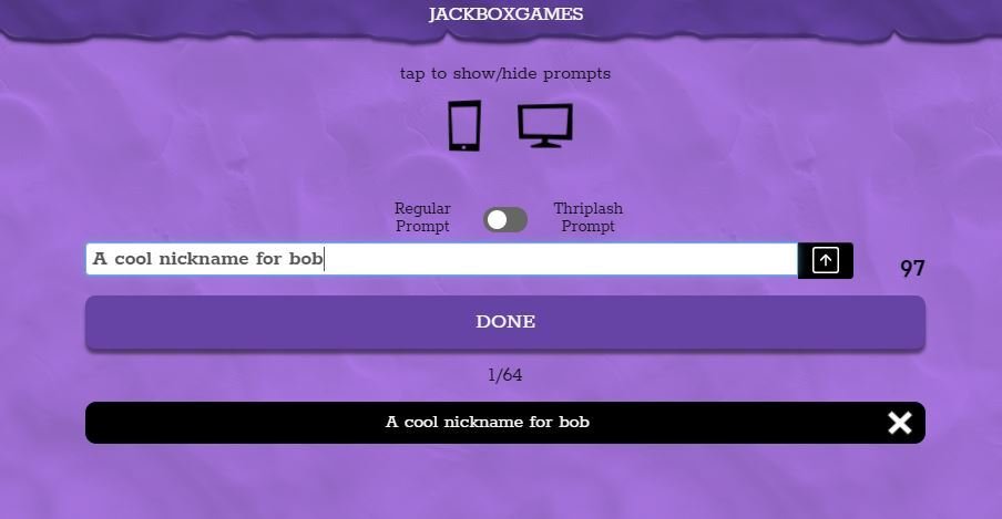 Example prompt entry box; characters at right. Purple 
