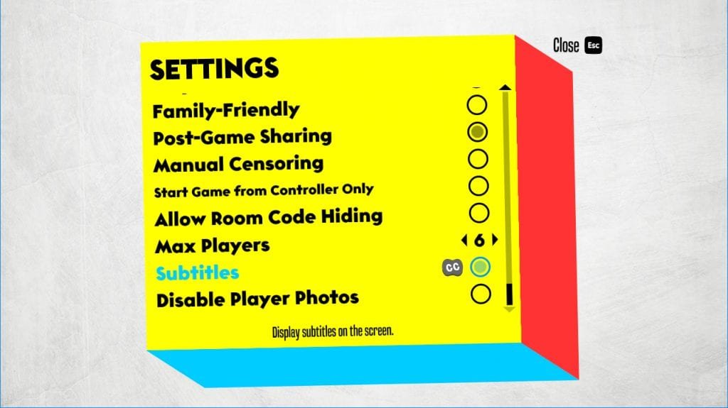 Settings menu for Role Models. Subtitiles is the 7th option down, below 