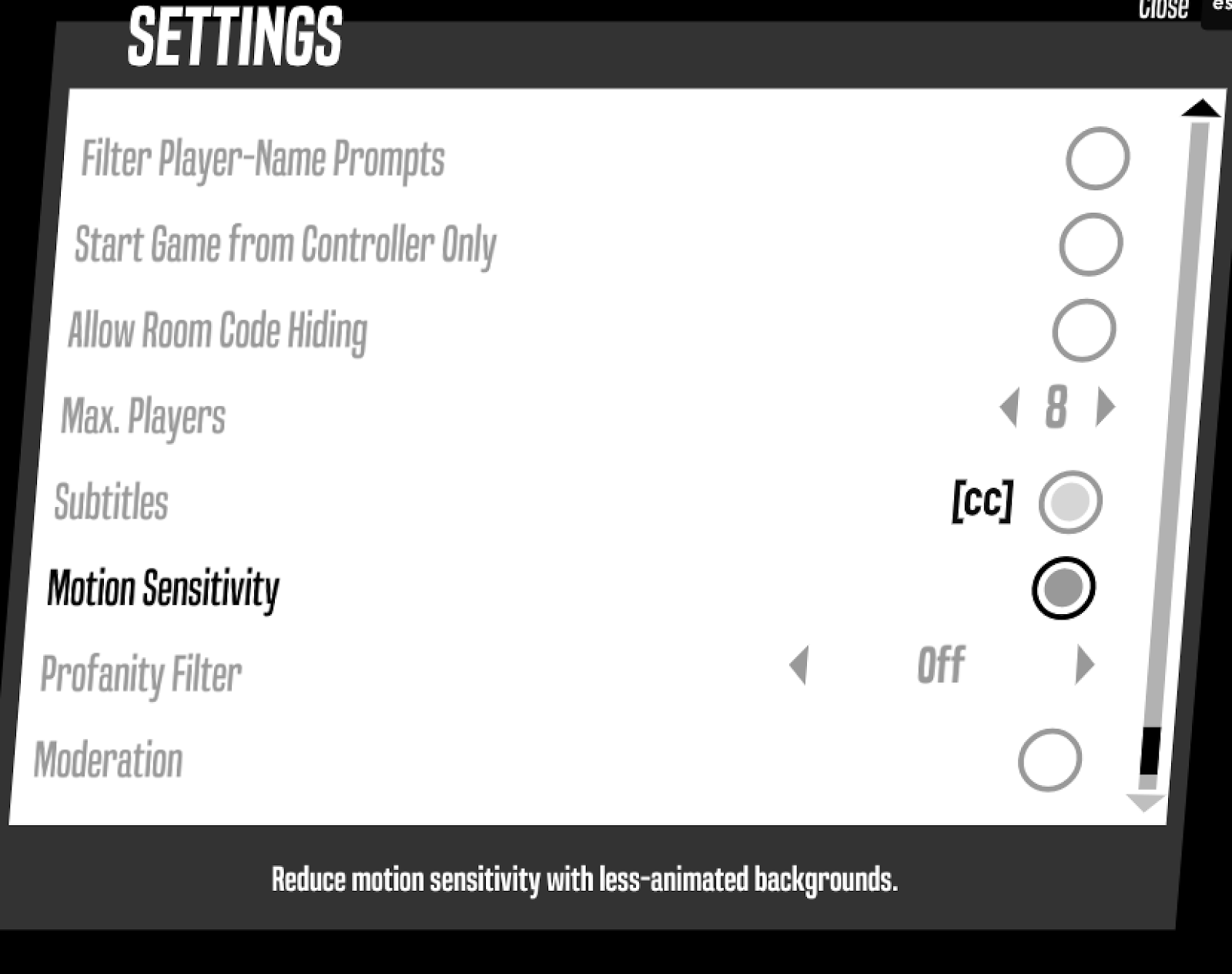 Champ'd Up settings menu. Motion sensitivity is 6th option, in black to indicate it is selected.