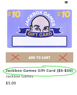 Gift card product listing, with image at top and a text link below Add to Cart button. Link is circled.