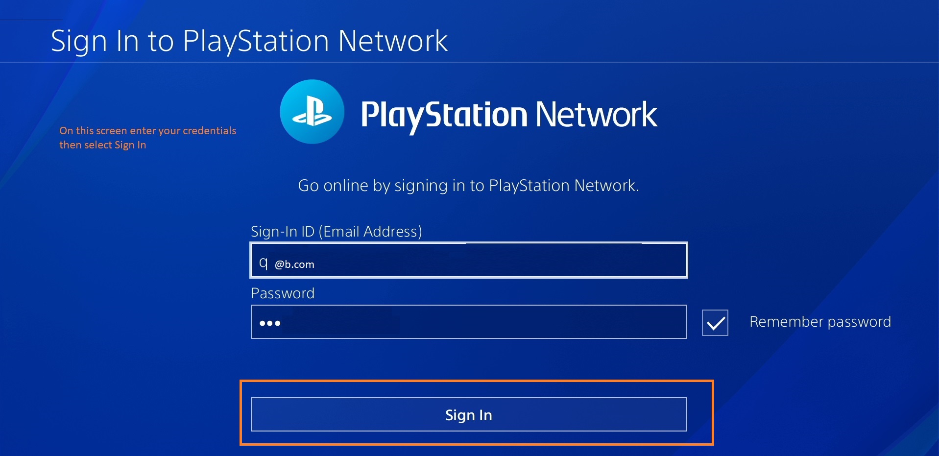 PS Network Sign In screen. Email address field, then password with checkbox at right to remember. Sign In button below.
