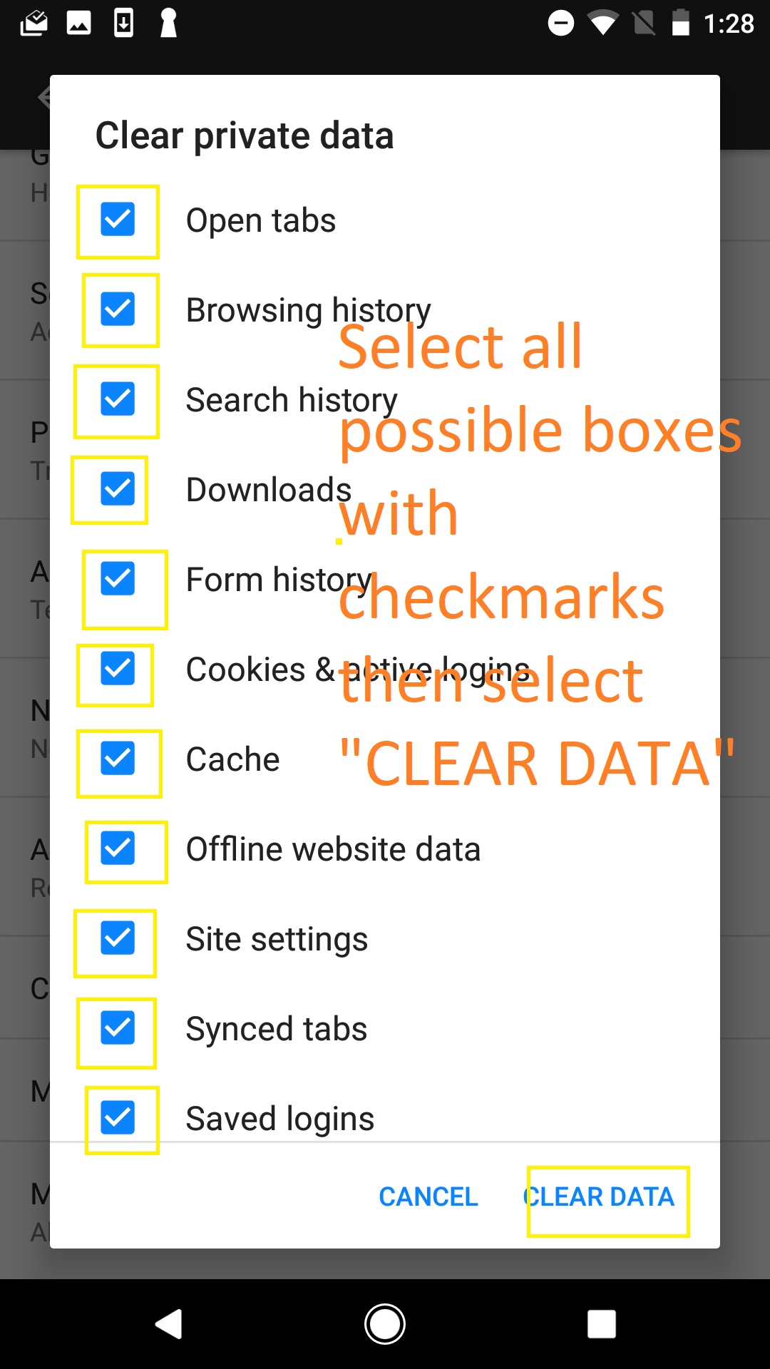 Pop up menu. Text: select every checkbox on the left, then select 