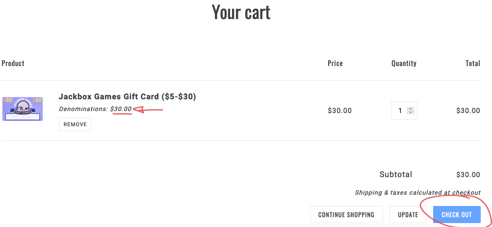 "Your Cart" page, showing product Jackbox Games gift card denomination $30. Check out button at lower right.
