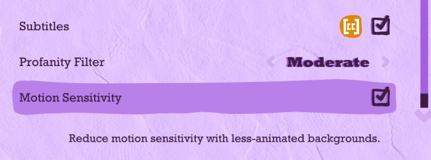 Settings menu for Quiplash 3. Motion sensitivity is highlighted in a darker color, and a checked box to indicate it's on.