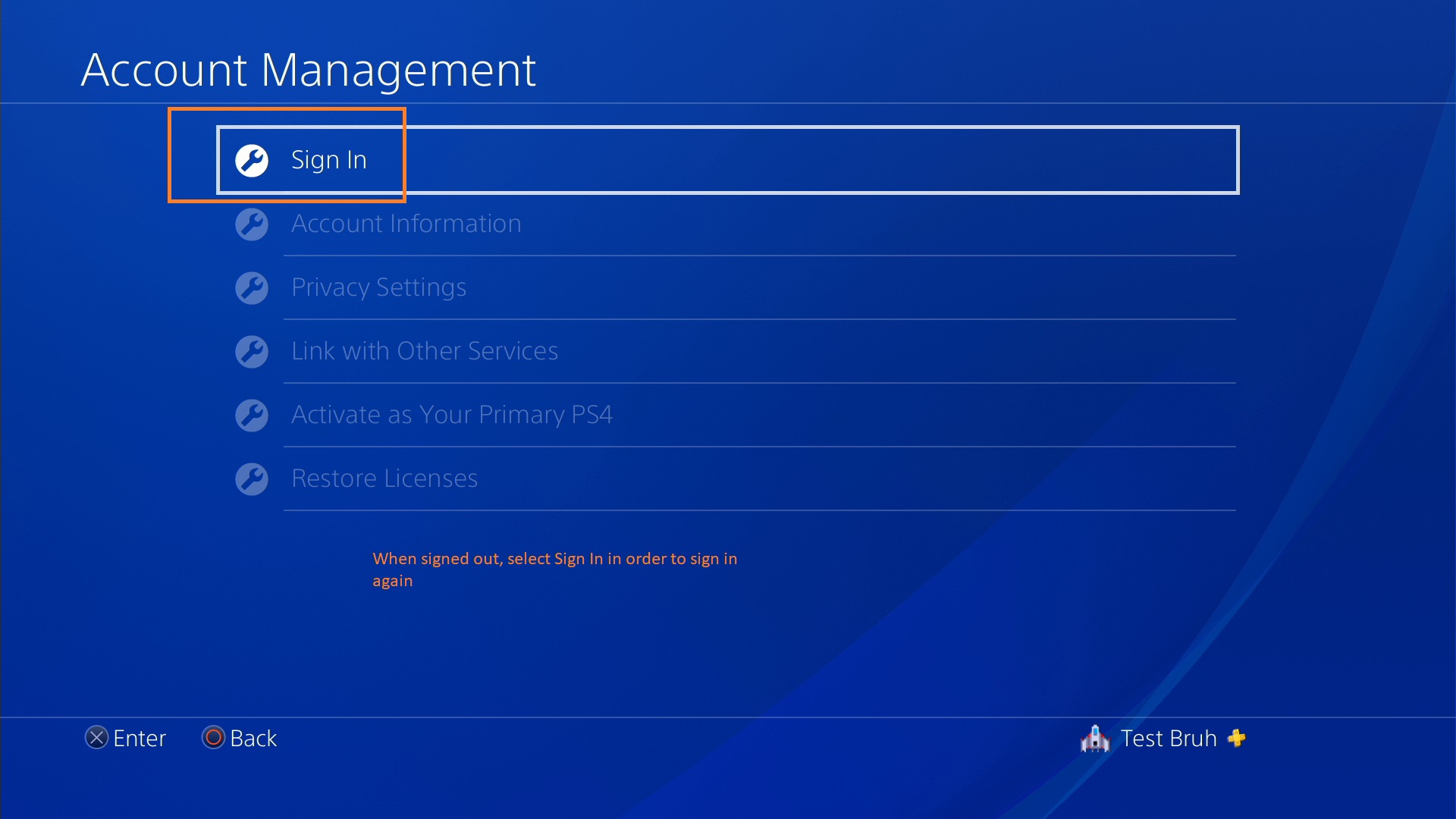Account Management sub menu. The first menu item is Sign In. The other items are grayed out.
