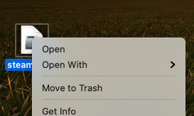 Screenshot of a popup menu over steam.dmg icon. "Open" is the first option