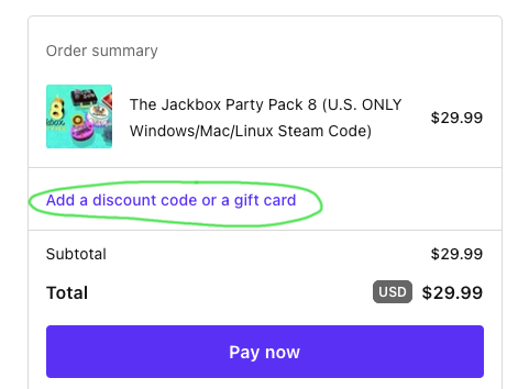 Order summary, showing item ordered and large Pay Now button at bottom. Text midway down is circled.