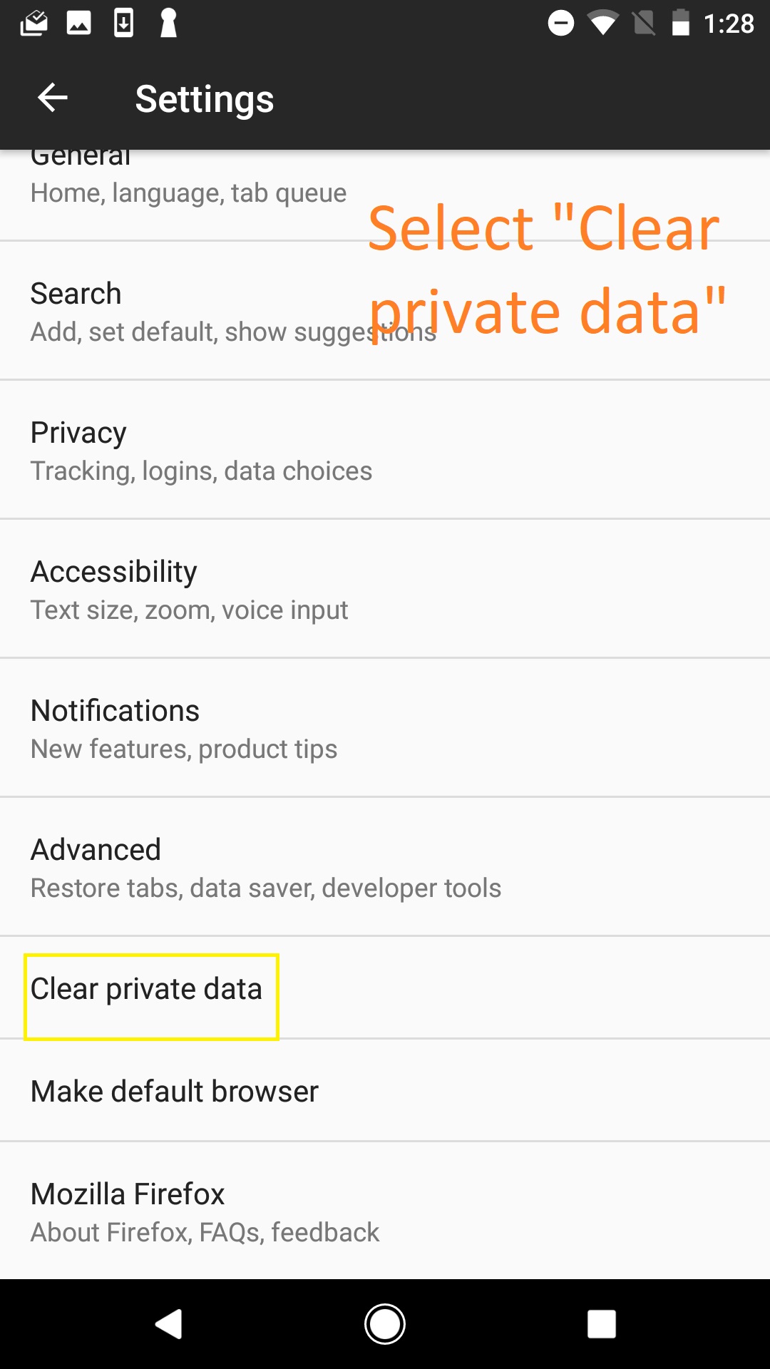 Following screen, list of options. Text: select 