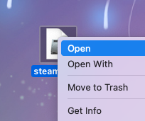 Steam icon on a computer desktop, highlighted. A pop up menu is over it and "Open" is the first option.