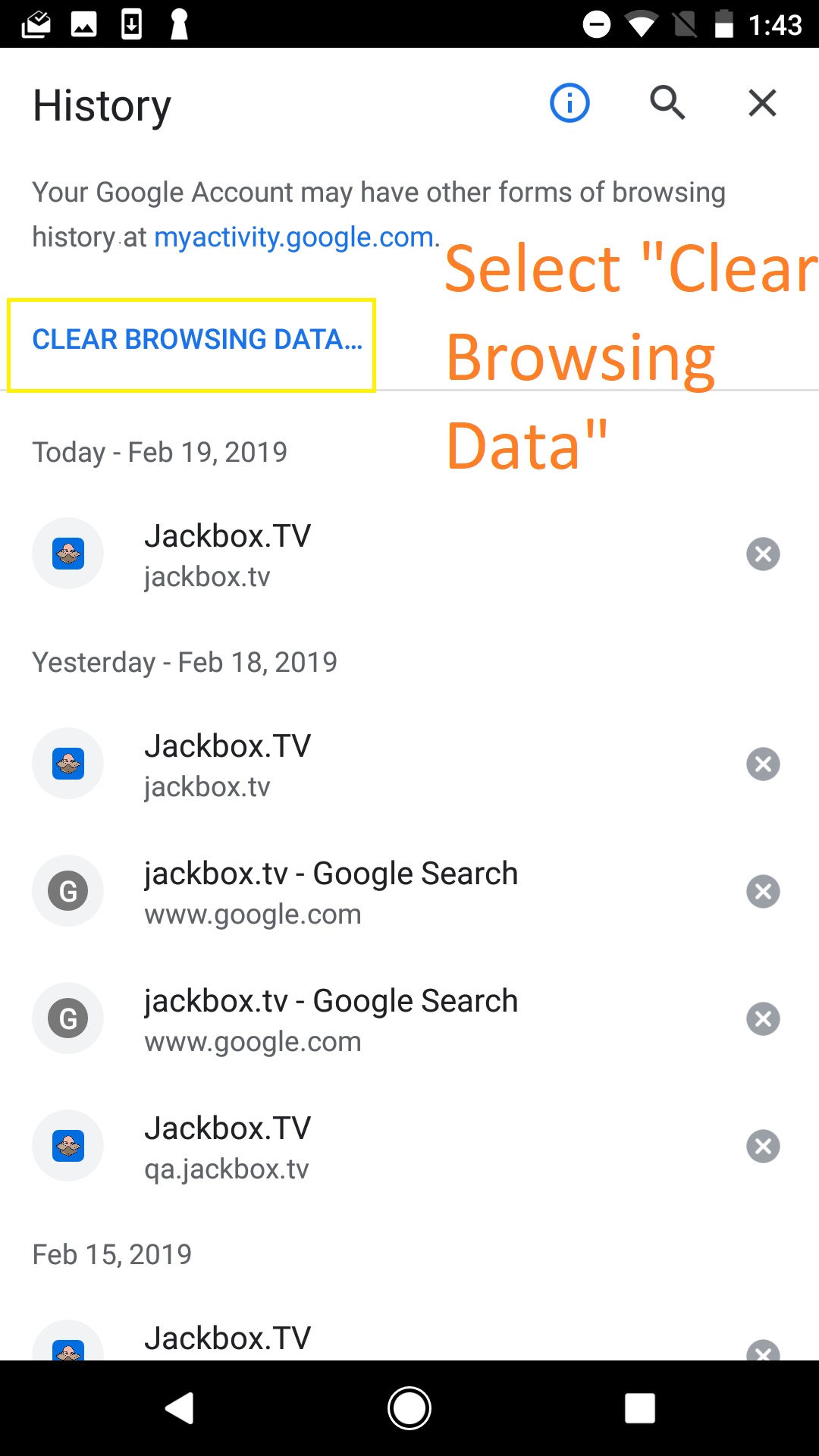 History submenu. Text: select 