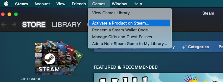 Screencap of Steam app interface. Under the Games menu, 