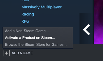Steam app with Games open. In bottom left is a plus sign and 