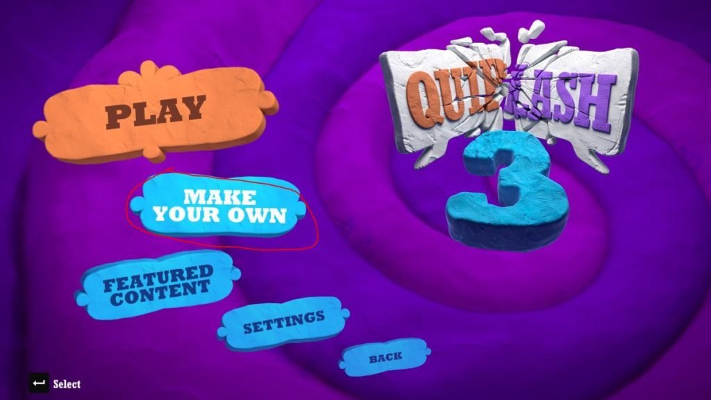 Main menu for Quiplash 3. On left, large orange 