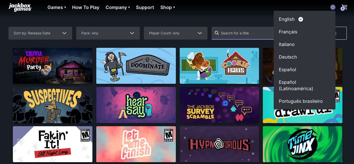 Click on the Globe icon next to the shopping cart to find games available in the language of your choice; English, Français, Italiano, Deutsch, Español, Español Latinamérica, or Português Brasileiro
