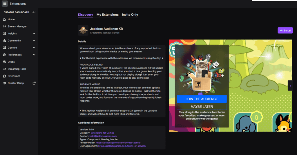 Twitch Extensions with Jackbox Audience Kit page up