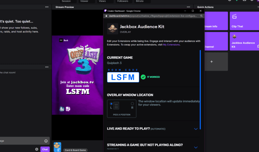 Pop up window shows current game, and game code in blue. 