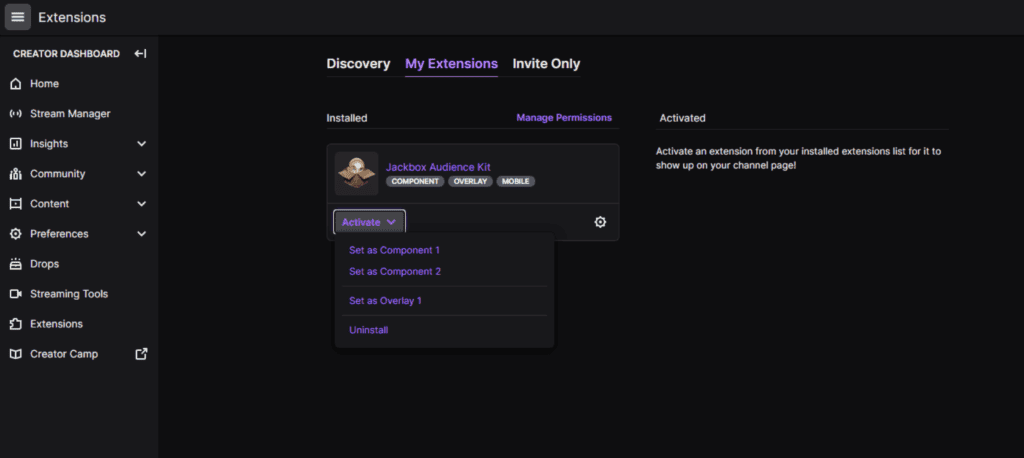 My Extensions page, Audience Kit installed. Activate menu on the left options are: set as component, as overlay, or Uninstall
