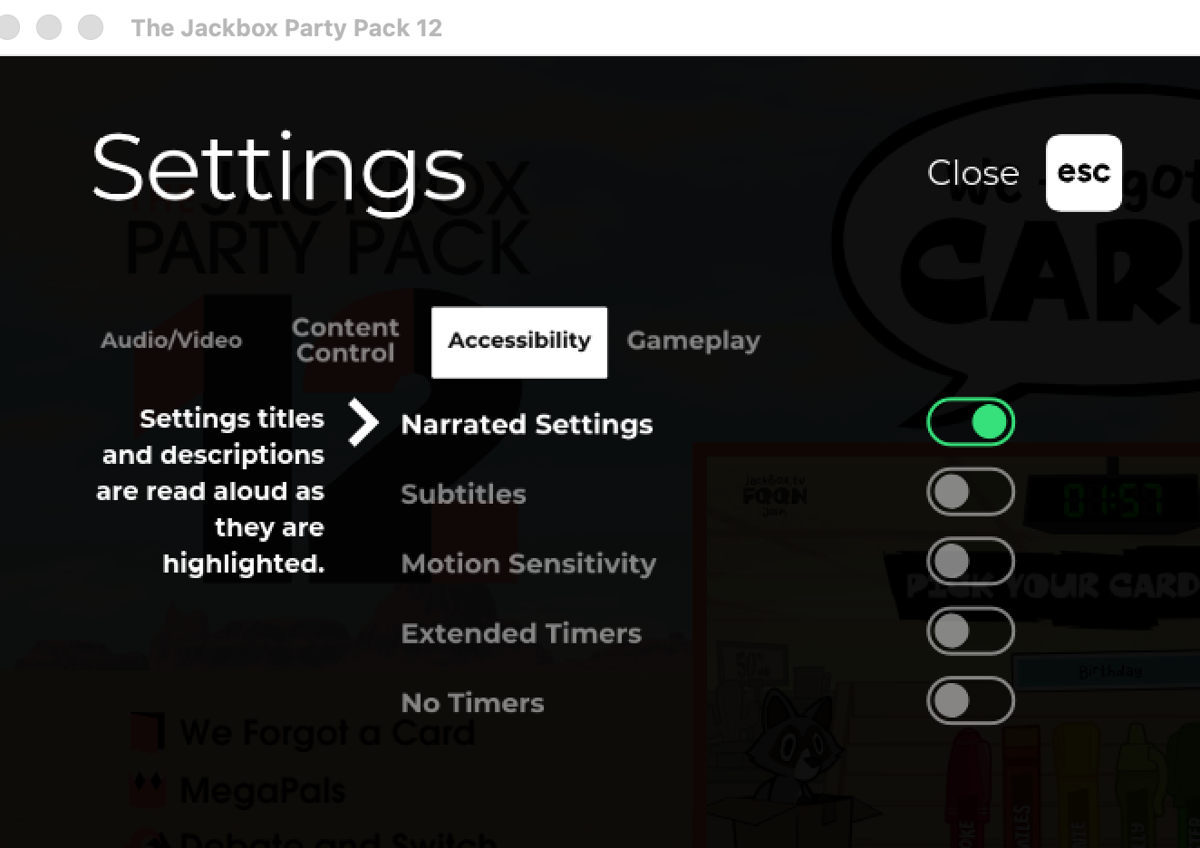The Accessibility tab within Party Pack 12 Settings, Narrated Settings can be enabled